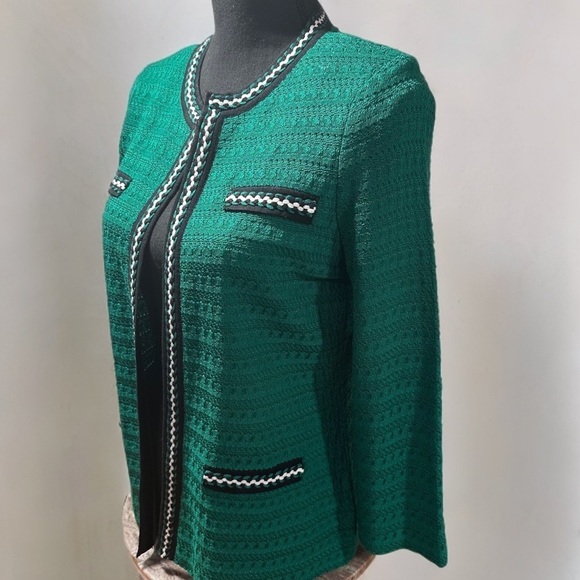 Ming Wang Green Textured Knit Suit Jacket Ribbon Trim Eye & Hook Black White PXS - Picture 1 of 15